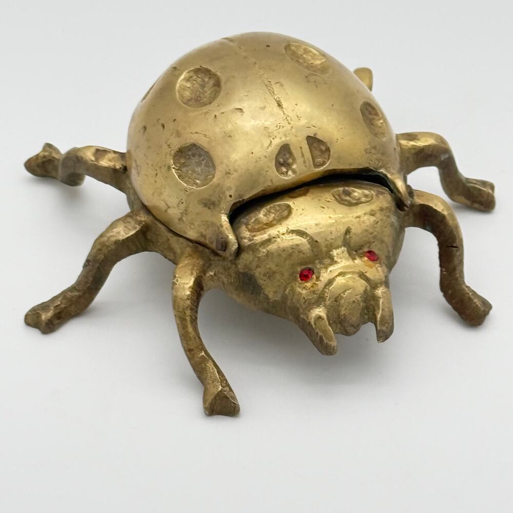 Vintage Brass Ladybug Beetle Ashtray Hinged Trinket Box Red Rhinestone Eye MCM